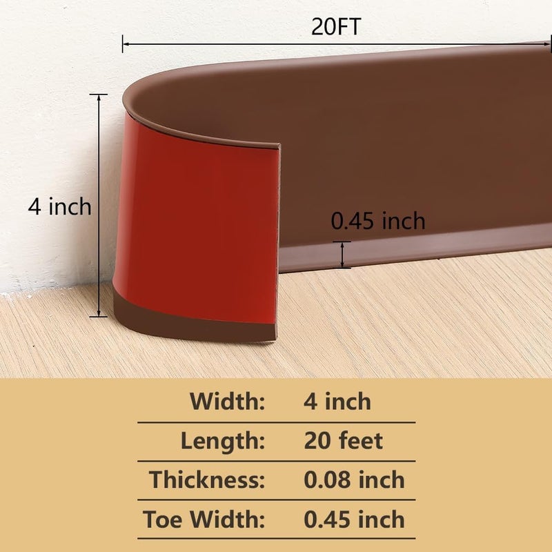 Lifronkit Flexible Baseboard Molding Trim, Peel and Stick Rubber Baseboard Trim, Self-Adhesive Design Vinyl Wall Base Moulding Trim, 4inch(W) x 20feet(L), Brown - Image 2